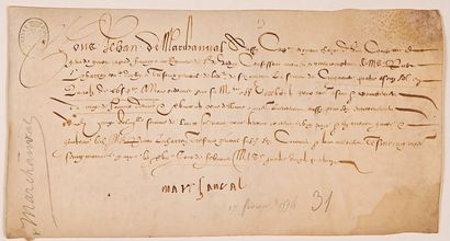 null 28 - 1594. Pièce Signée Jehan de MARCHANVAL Capitaine et ayant charge d’une...