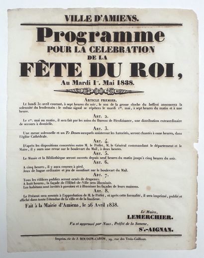 null 403 – SOMME. 1838. « Ville d’AMIENS. » « Programme pour la célébration de la...