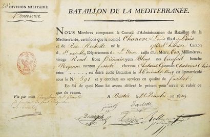 null 307 - CORSE. BATAILLON DE LA MÉDITERRANÉE. 1809. Pièce signée du Conseil du...