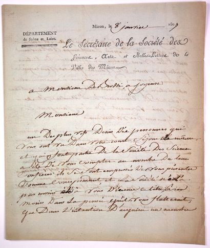 null 301 - SAÔNE-ET-LOIRE. MÂCON 8 Janvier 1807. Lettre signée « Le Secrétaire de...