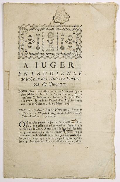 null 177 - GIRONDE. SAINT-ÉMILION. 1778. MÉMOIRE de Procès Imprimé chez Pierre PHILLIPOT,...