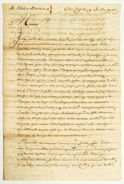 null 113 - SAINT-DOMINGUE 1736. PELET Armateur de BORDEAUX ; Longue lettre écrite,...