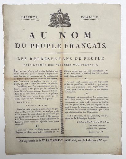 null 261 – PYRÉNÉES-ATLANTIQUES. BAYONNE 1795. « Au nom du Peuple Français », Arrêté...