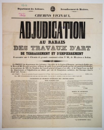 null 456 - ARDENNES. 1849. Arrondissement de MÉZIÈRES. CHEMINS VICINAUX: 1°) Adjudication...