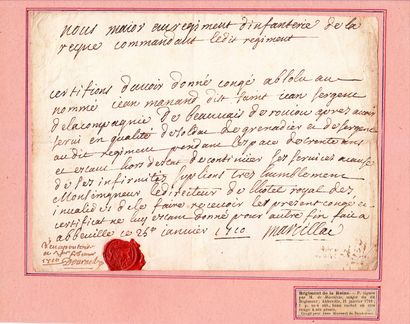 null 97 - SOMME. 1710. Régiment de la REINE. Congé militaire manuscrit signée par...