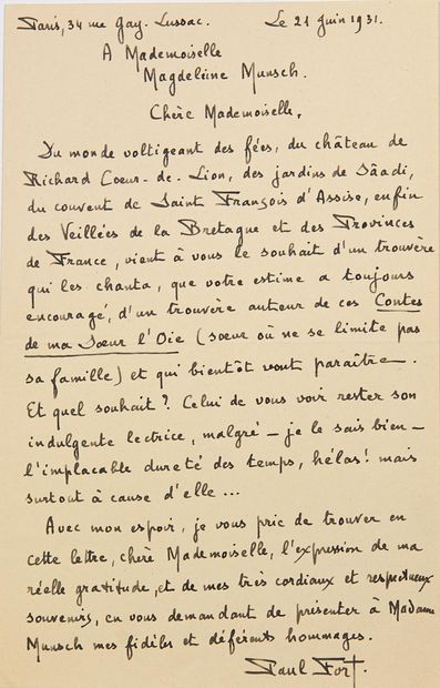 null 557 - Paul FORT Poète (Reims 1872-1960) - Belle Lettre autographe signée, poétique,...