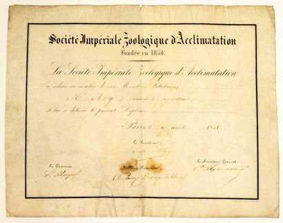 null 476 - « SOCIÉTE IMPÉRIALE ZOOLOGIQUE D’ACCLIMATATION fondée en 1854 ». Diplôme...