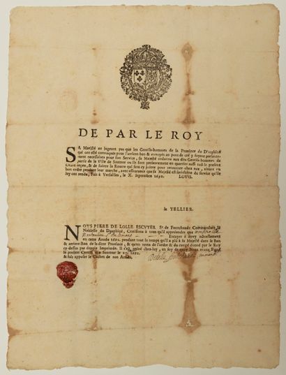 null 78 - MAINE-ET-LOIRE. 1692. Convocation de la NOBLESSE DU DAUPHINÉ. Certificat...