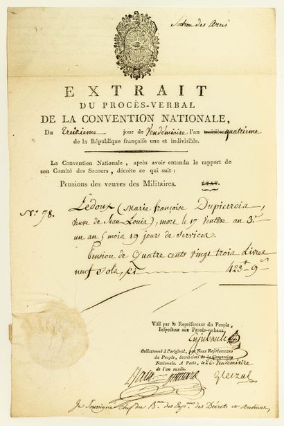 null 254 - CONVENTION NATIONALE. 1795. Extrait du Procès-verbal de la Convention...