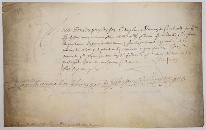 null 30 - PUY DU FOU. 1615. Signed document, on vellum, of René du PUY DU FOU, Lord...