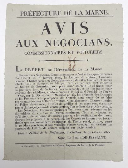 null 327 – MARNE. 1815. DOUANE. PAPIER TIMBRÉ. Avis du Le Baron DE JESSAINT Préfet...