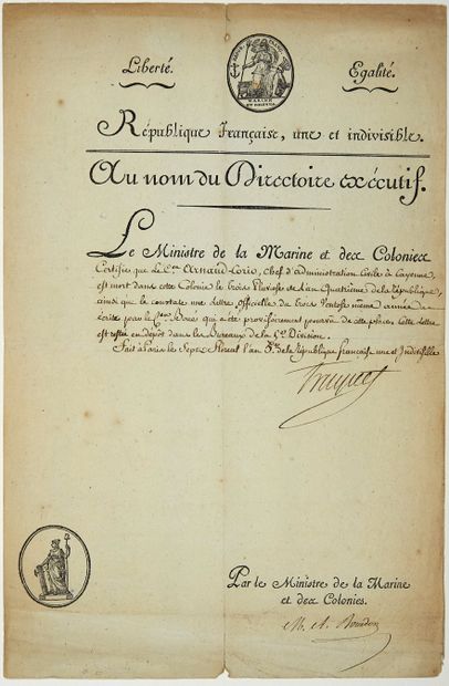 null 266 - MARINE ET COLONIES. 1797. CAYENNE. Certificat signé de l’Amiral TRUGUET...