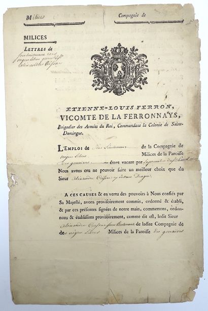 null 162 – SAINT DOMINGUE 1772. "COMPAGNIE DES NÈGRES LIBRES". Lettre de Sous-Lieutenance...