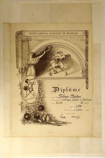 null Lutte/Mulhouse/Haltérophilie. Superbe diplôme sépia à l'antique :"Société Sportive...