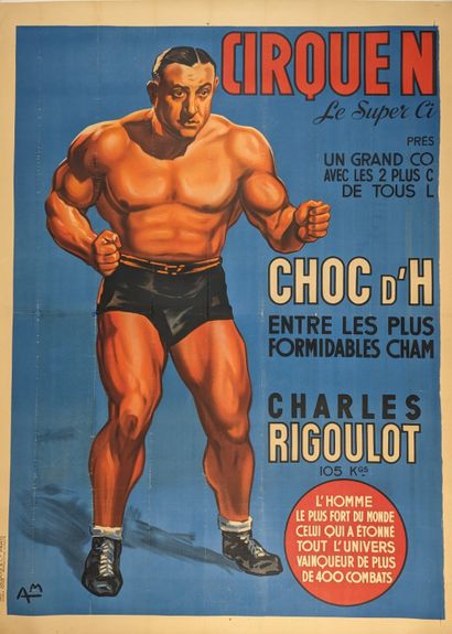 null Lutte/Rigoulot (1903-1968)/Cirque. Spectaculaire demi-affiche (partie gauche,...