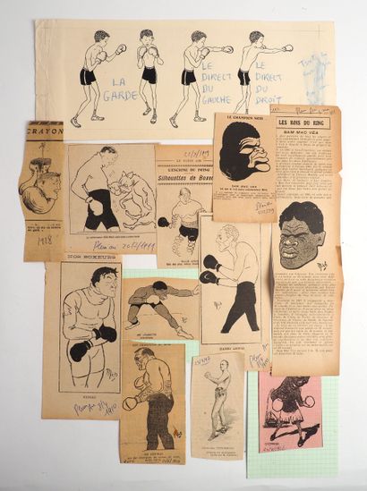 null Boxing/Caricature/Drawing/Mich. Twelve pieces :a) original caricature, the three...