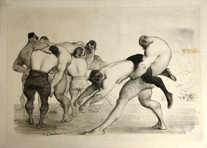 null Lutte/Léandre. Lithographie de groupes de lutteurs à l'échauffement, vers 1902....