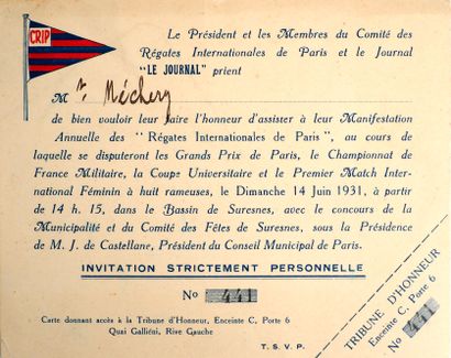 null Aviron/Paris/Suresnes/Tribune d'honneur. Superbe invitation non coupée aux Régates...
