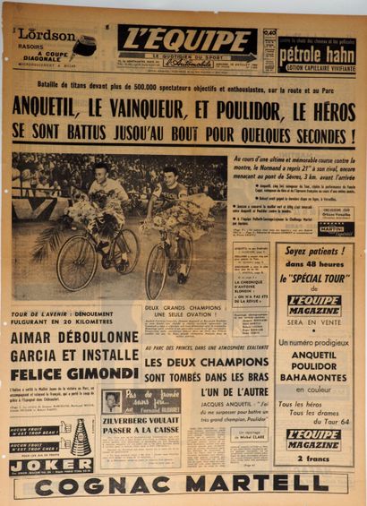 null Cyclisme/Anquetil-Poulidor. Superbe Une entoilée de l'arrivée du Tour 1964,...