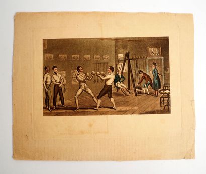 null Boxing/Prehistory. "The Sports Hall", English lithograph. While the boxers in...