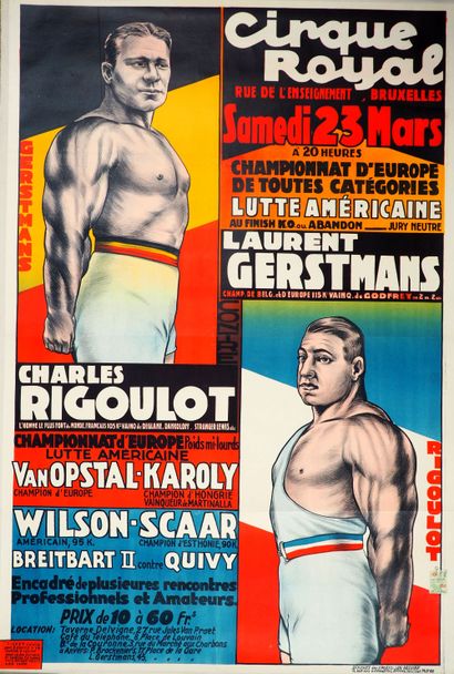 null Lutte/Gerstmans/Rigoulot/Belgique. Superbe affiche belge entoilée :"Cirque Royal,...