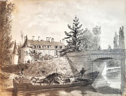 null LOIRET – Château de COMBREUX / Lavis d’encre original daté du 4 septembre 1856...