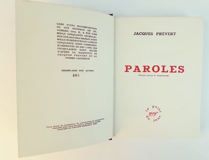null Jacques PREVERT / "Paroles" NRF Le Point du Jour 1949, hardback publisher after...