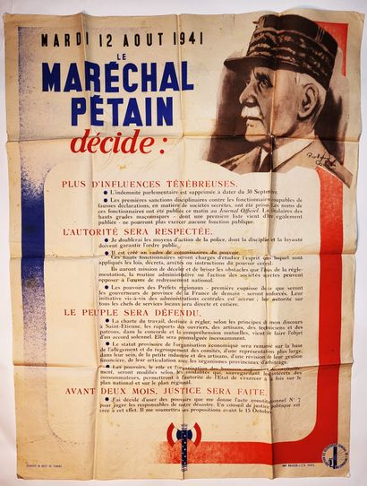 null EPOQUE VICHY – 12 AOÛT 1941 – « Le Maréchal décide » / Affiche éditée par le...