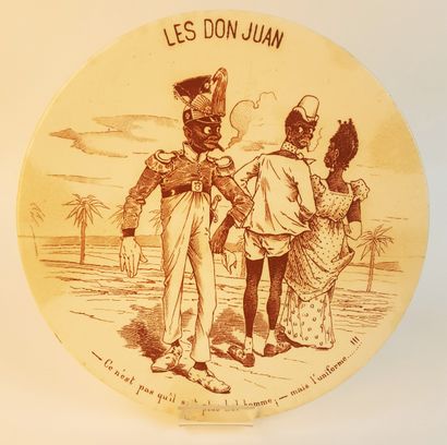 null COLONIALISM / Talking plate in Sarreguemines earthenware (mark on the back,...