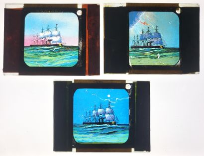 null MAGIC LANTERN / "The Great Eastern Ship": suite of 3 glass plates for magic...