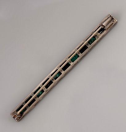 null Brooch barrette, silver 925 MM, engraved decorated with green and red stones...
