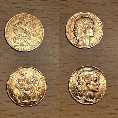 
2 pièces de 20 francs or , 1910 et 1911

Poids...