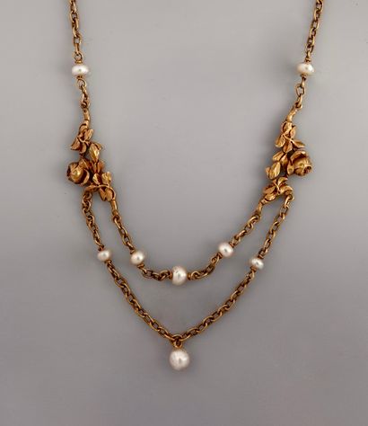 null Collier Draperie en or jaune, 750 MM, à décor floral portant des petites perles...