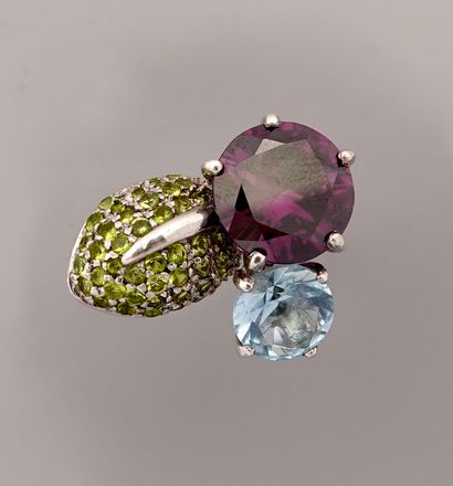 null Ring, silver 925 MM, rhodium plated decorated with purple, blue and green quartz...