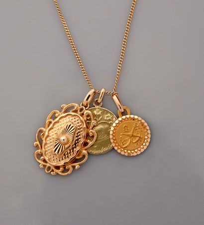 null Chain and medallion in yellow gold, 750 MM, spring ring clasp, length 44 cm,...