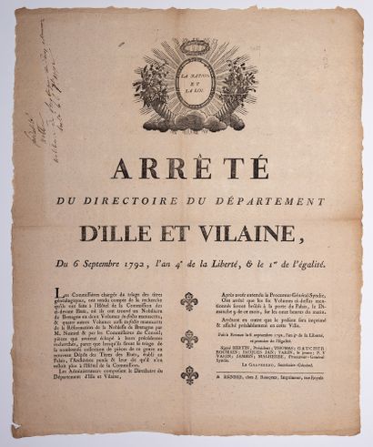 null BURNING OF THE NOBILIARY OF BRITTANY. 1792. Decree of the Directory of the Department...