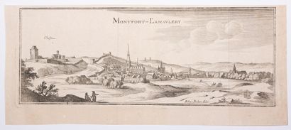 null YVELINES. MONFORT-L'AMAURY. The city and the castle in its ramparts. Engraving...