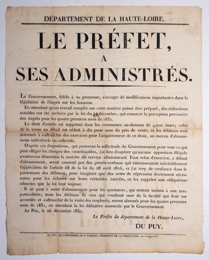 null HAUTE-LOIRE. 1830. Address of Antoine DUPUY Prefect of the Haute-Loire, to his...
