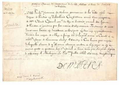 null SUISSES & GRISONS. Pièce signée François de MOLÈRES, Gouverneur de la ville...