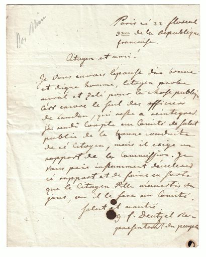 Georges Frédéric DENTZEL (1755-1828) Conventional of the BAS-RHIN. Letter A.S. Paris...