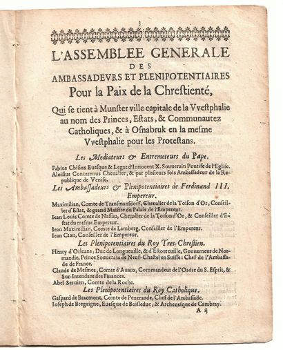 null LA CHRÉTIENTÉ assemblée à MUNSTER en 1646. «L'ORDRE DES AMBASSADEURS et Plénipotentiaires...