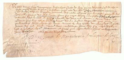 null LYONNAIS. 1622. Pièce signée sur Vélin par Denis Simon de MARQUEMONT (Paris...