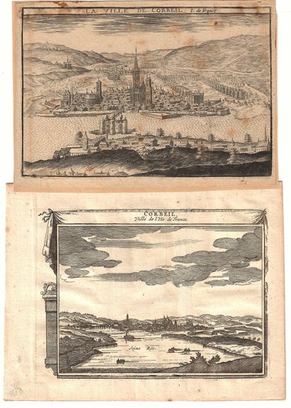 null ESSONNE. CORBEIL, 2 small engravings: "The City of CORBEIL, Ile de France. Drawn...