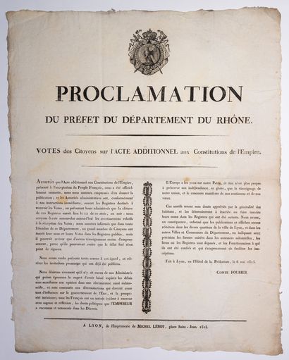 null HUNDRED DAYS. RHONE. Proclamation of Count FOURIER, Prefect of the department...