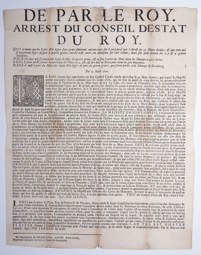 null MONEY. LOUIS D'OR. "De par le Roy LOUIS XIV, Arrest du Conseil du Roy, du 13...