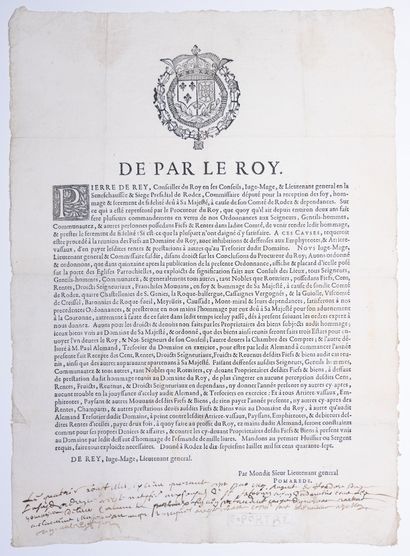 null AVEYRON. RODEZ (12) le 17 Juillet 1647. De par le Roy.
Réception des Foy et...