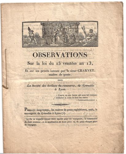 null HORSE MAIL. GRENOBLE to LYON. "Observations on the Law of 15 Ventôse Year 13,...