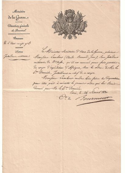 Comte BOURMONT. Piece signed by the Marshal "Comte de BOURMONT". PARIS, February...