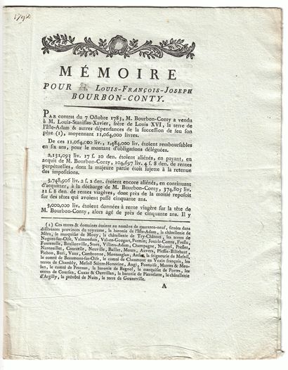 BOURBON, Prince de CONTI (1734-1814). "Mémoire (de procès) pour Louis François Joseph...