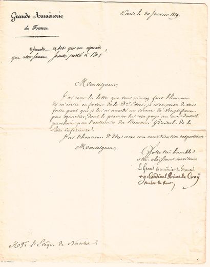 Cardinal de CROY-SOLDRE. Letter signed "Gustave, Cardinal
Prince de CROŸ, Archbishop...